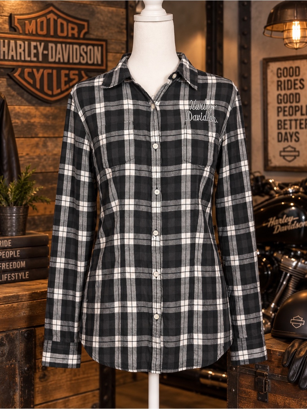 Harley-Davidson Black and White Plaid Button-Down Shirt